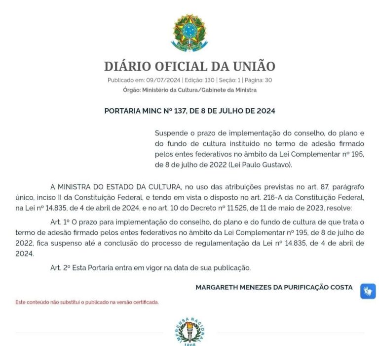 Suspensão do Prazo de Implementação do Conselho, Plano e Fundo de Cultura pela Portaria MINC n° 137/2024